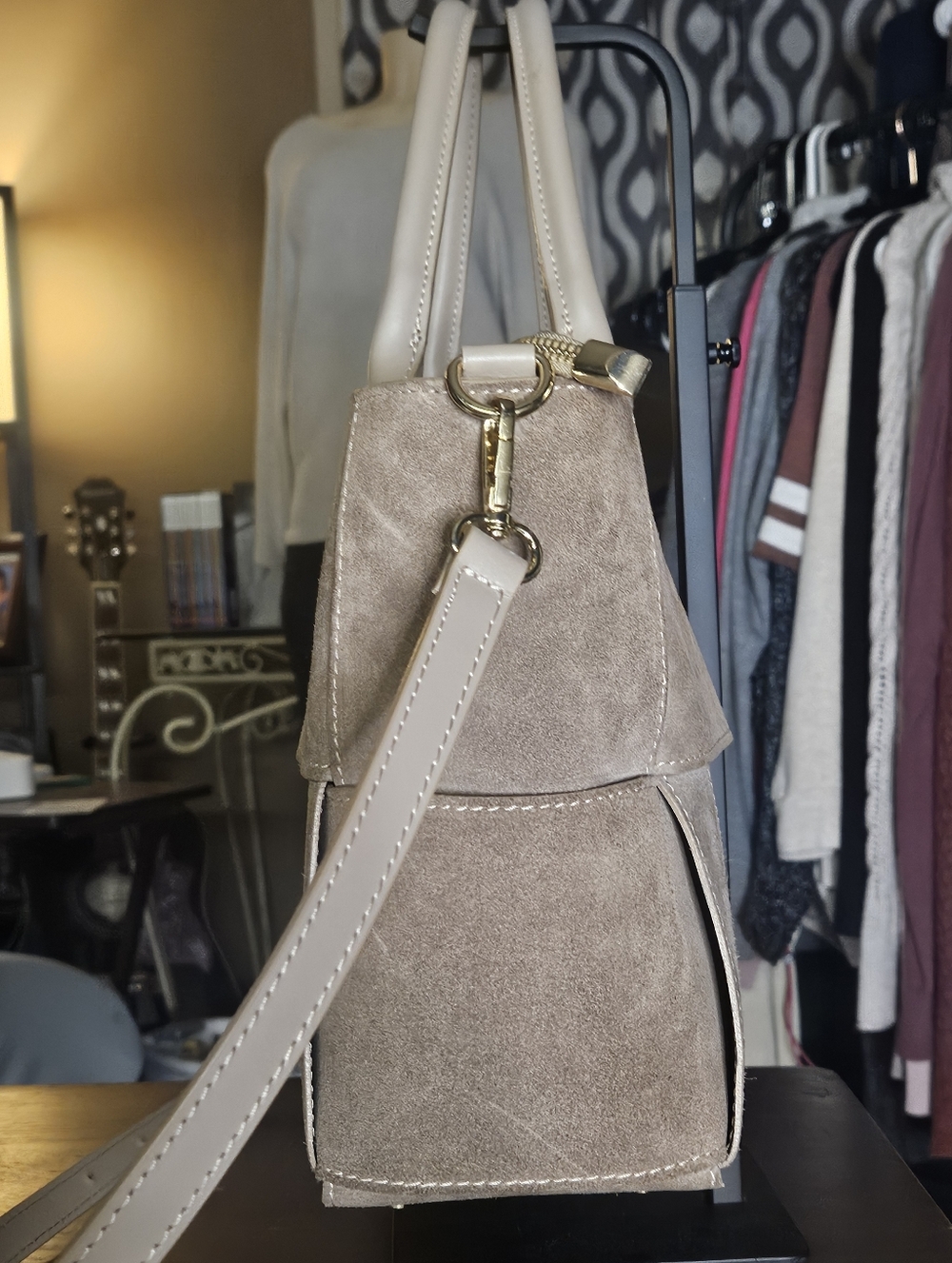 💥Sale💥Isadora Made In Italy Suede Large Woven Shoulder Satchel In Taupe - Picture 12 of 13